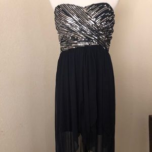 Navy Blue strapless sequin high/low maxi dress
